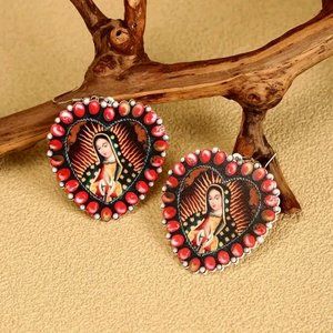 Multi-Color Wooden VIRGIN MARY Religious Dangle Earrings